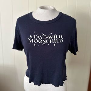 Navy Graphic Cropped Ruffle Hem T Shirt